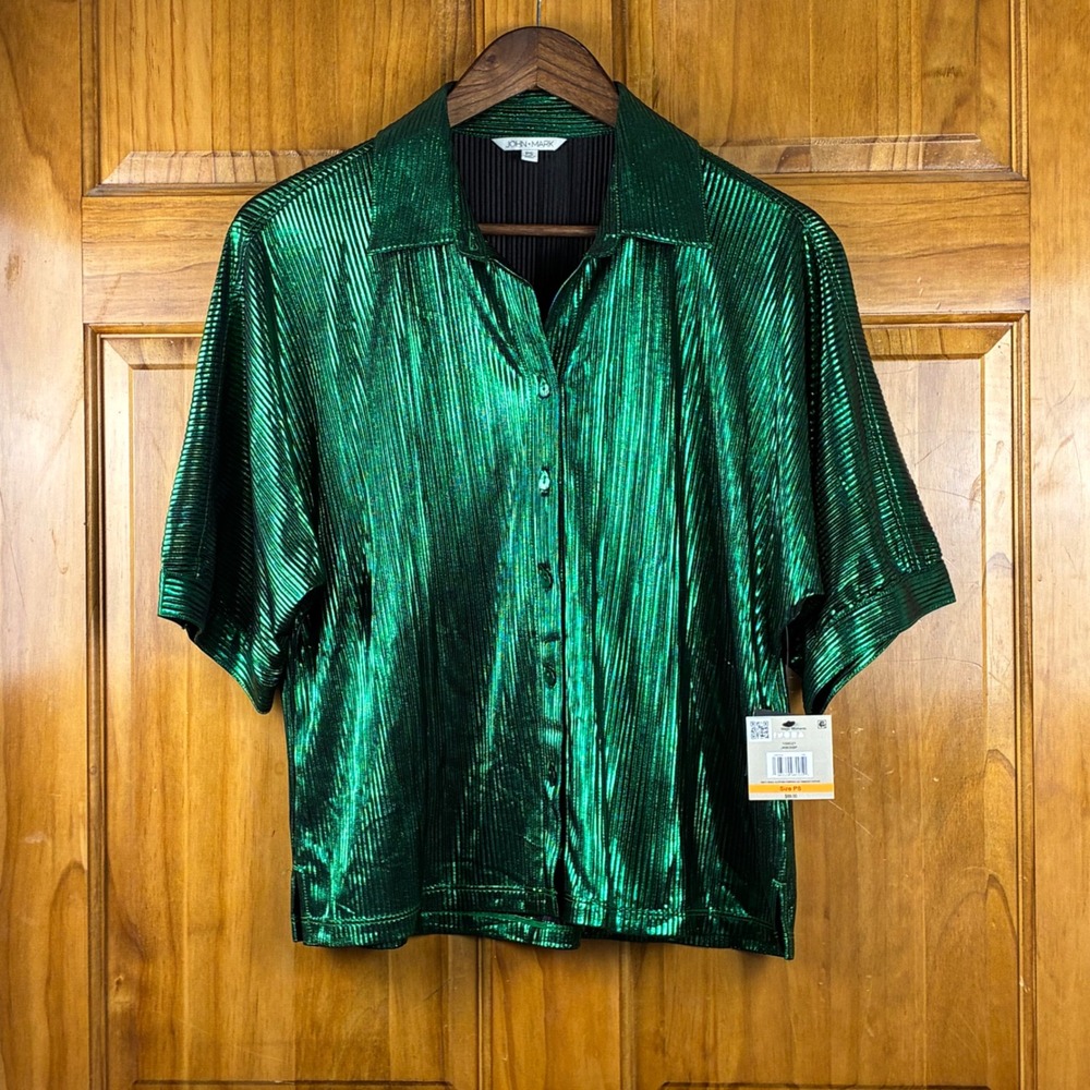 John Mark Metallic Green Pleated Button Down Short Sleeve Top NWT PS